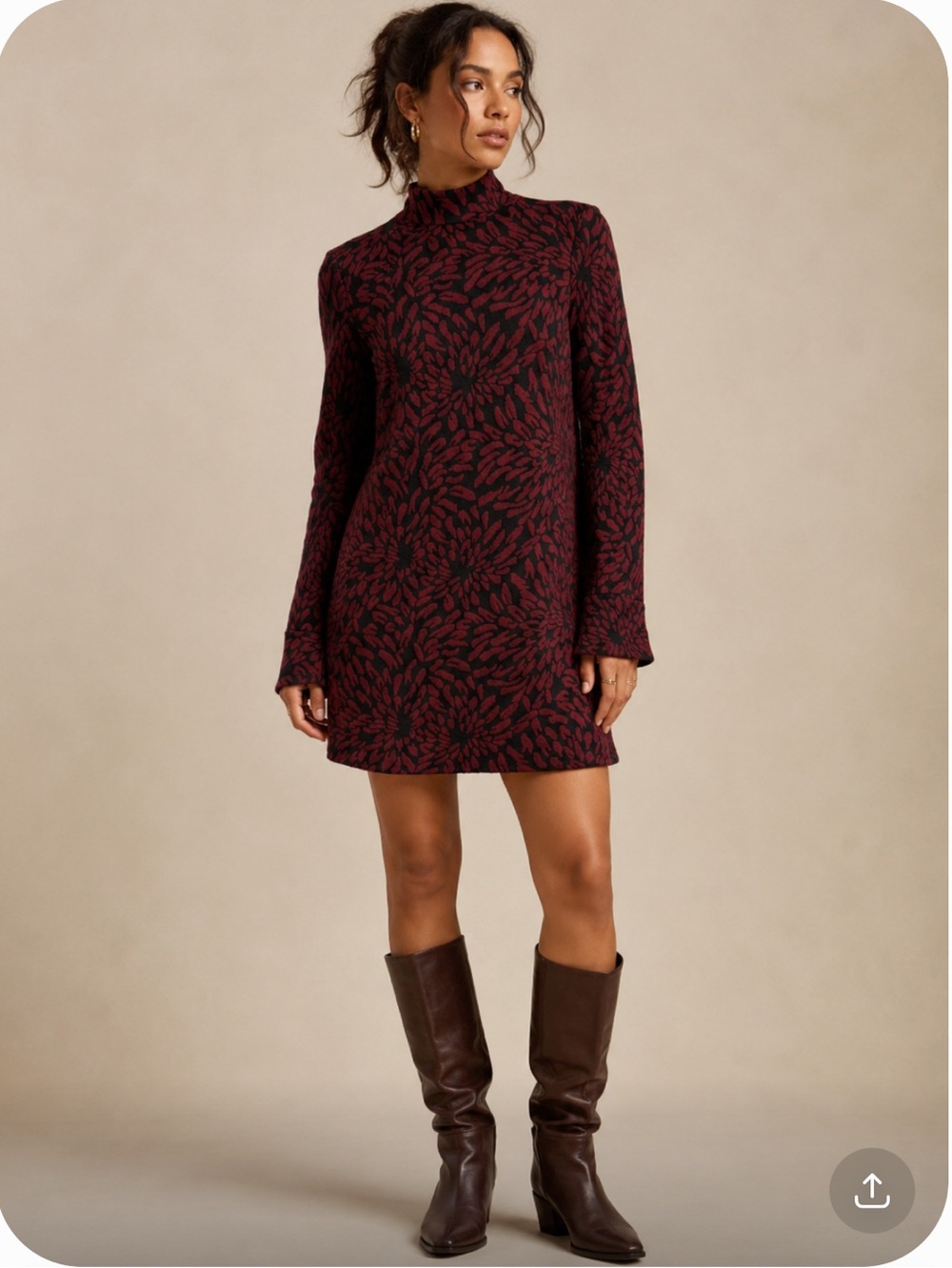 ANTHROPOLOGIE HUTCH Burgundy and Black Floral Mock-Neck Long Sleeve Dress Size S